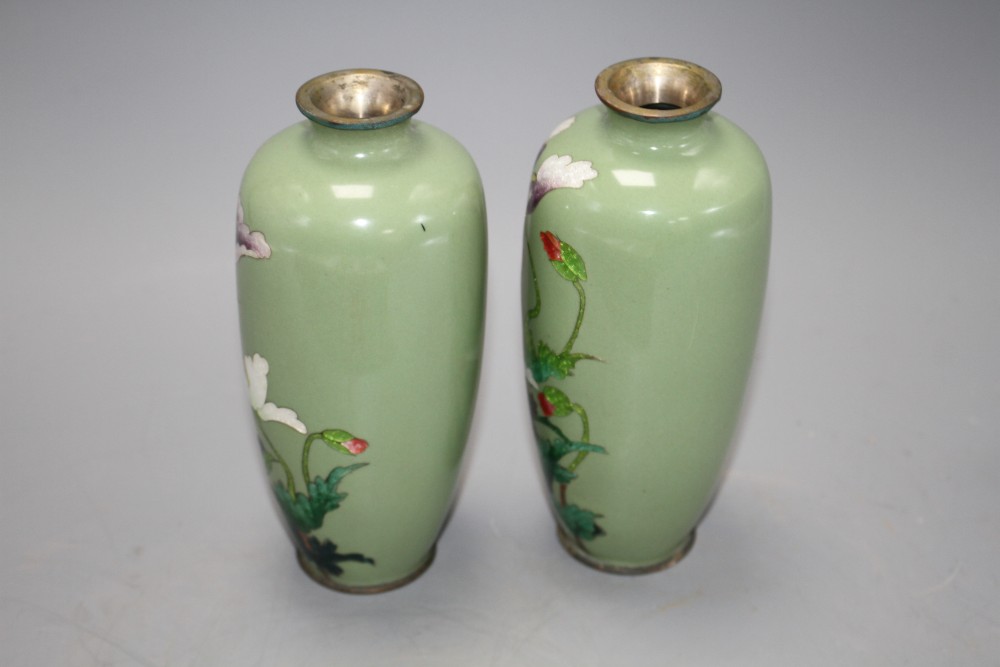 A pair of Japanese late Meiji period cloisonne vases, decorated with flowers on a celadon green ground, height 15cm, with original box